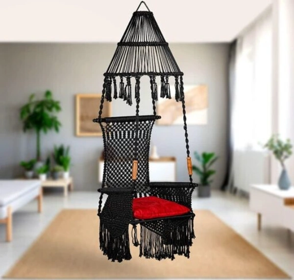 The Elegant Curio Centre Premium Maharaja Hanging Swing -Black with Polyester Ropes & Mild Steel Frame Chair with Heavy Duty Stainless Steel Hanging Accessories And Cushion has a unique design, - Free Size, Black, Polyester Rope With Iron Frame, Pack of 1